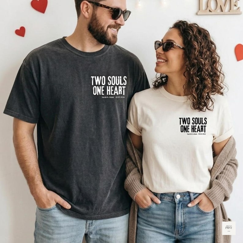 Personalized Two Souls One Heart Couple Shirt, Custom Names Date Tee