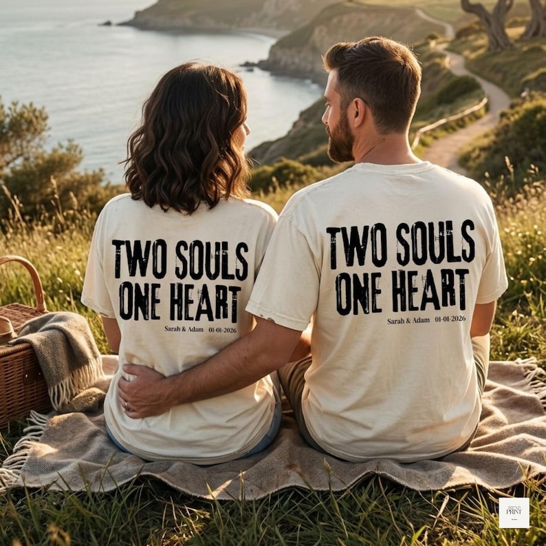Personalized Two Souls One Heart Couple Shirt, Custom Names Date Tee